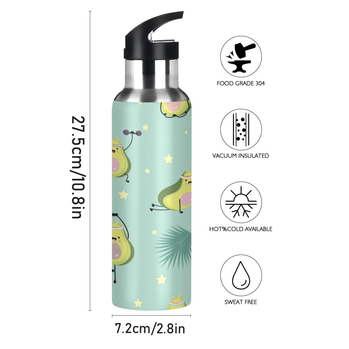 MNSRUU Avocado-Wasserflasche – Isoliert, Edelstahl, 20 Oz (600 Ml), Mit Strohhalm, BPA-frei
