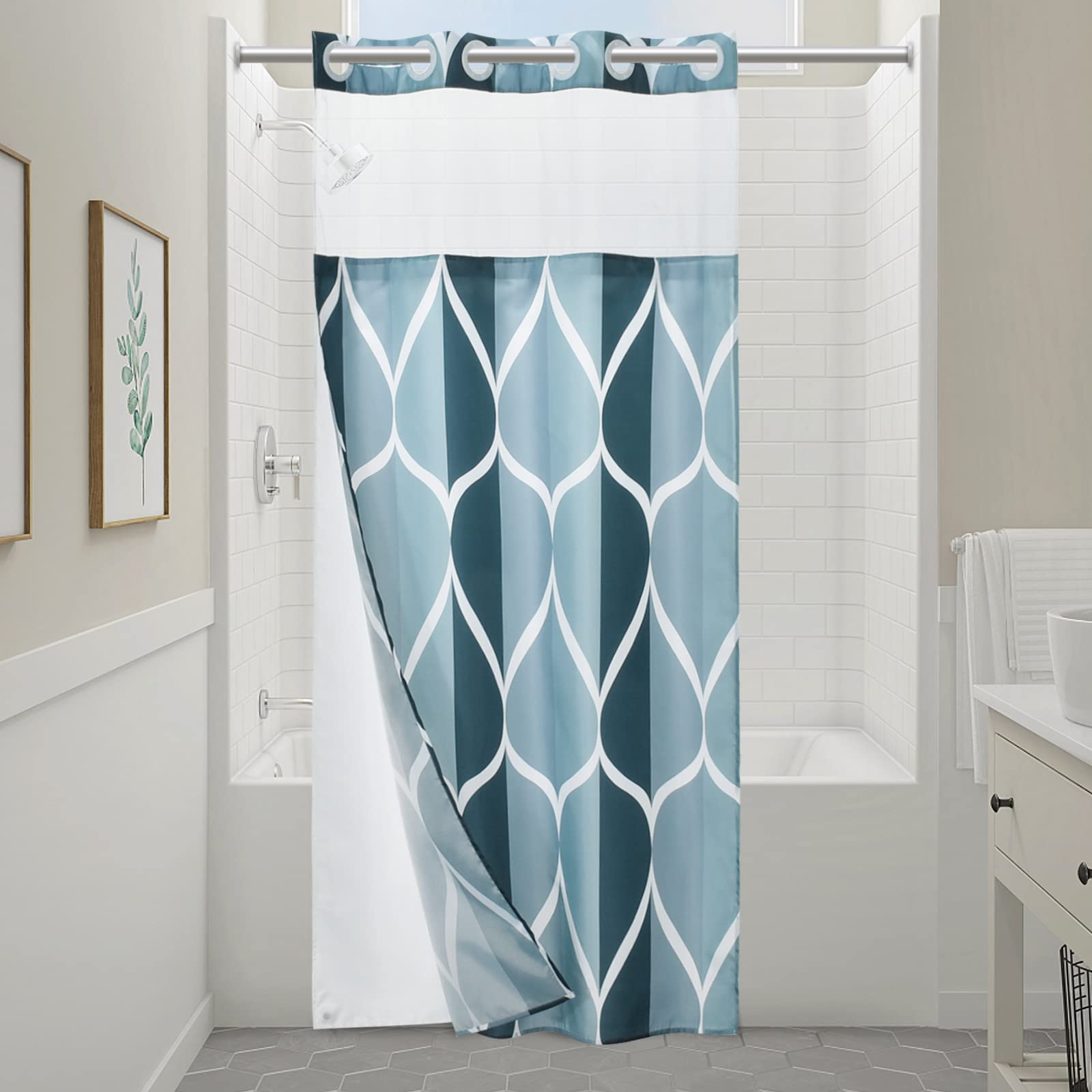 YIATN No Hook Aegean Blue Stall Shower Curtain with Snap in Fabric Liner Set - Hotel Style with See Through Mesh Top Window, Modern Geometric Waterdrop Design,Water-Repellent & Washable, 36x74 INCH