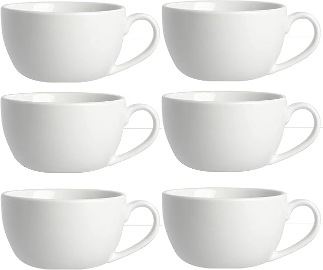 6 Cappuccino Cups Large White Porcelain Round Cup 12oz 34cl Hot Drink Mug