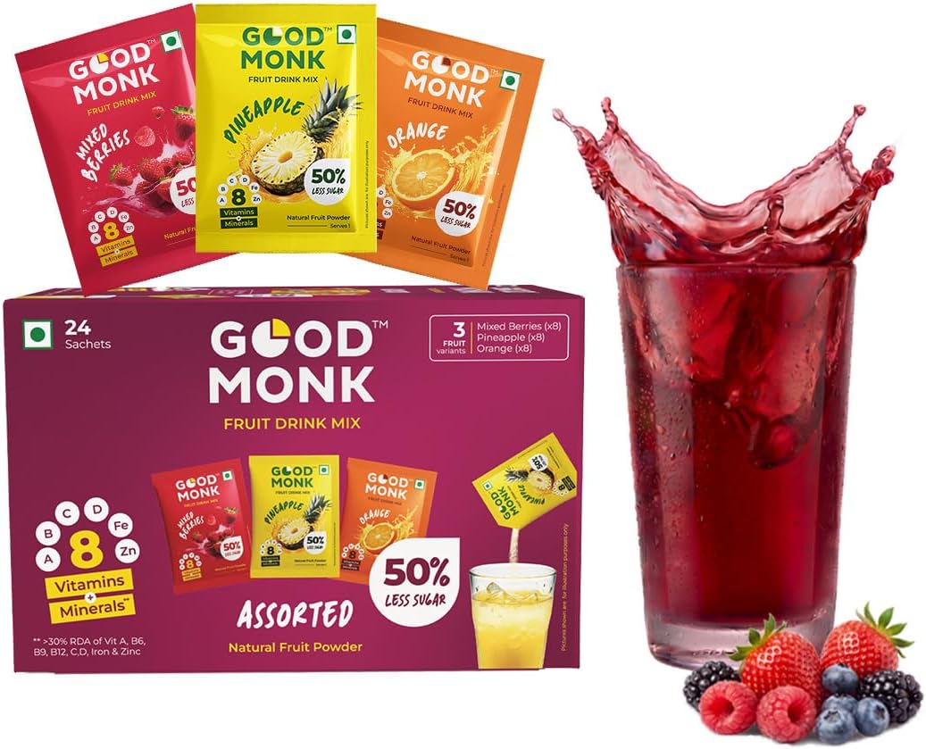 Fruit Drink Mix (Assorted - Natural Orange, Mixed Berries, Pineapple Powder), 50% Less Sugar with 8 Vitamins & Minerals. Tasty & Healthy Mix for Hydration, Energy, Immunity. 8x3 = 24 sachets