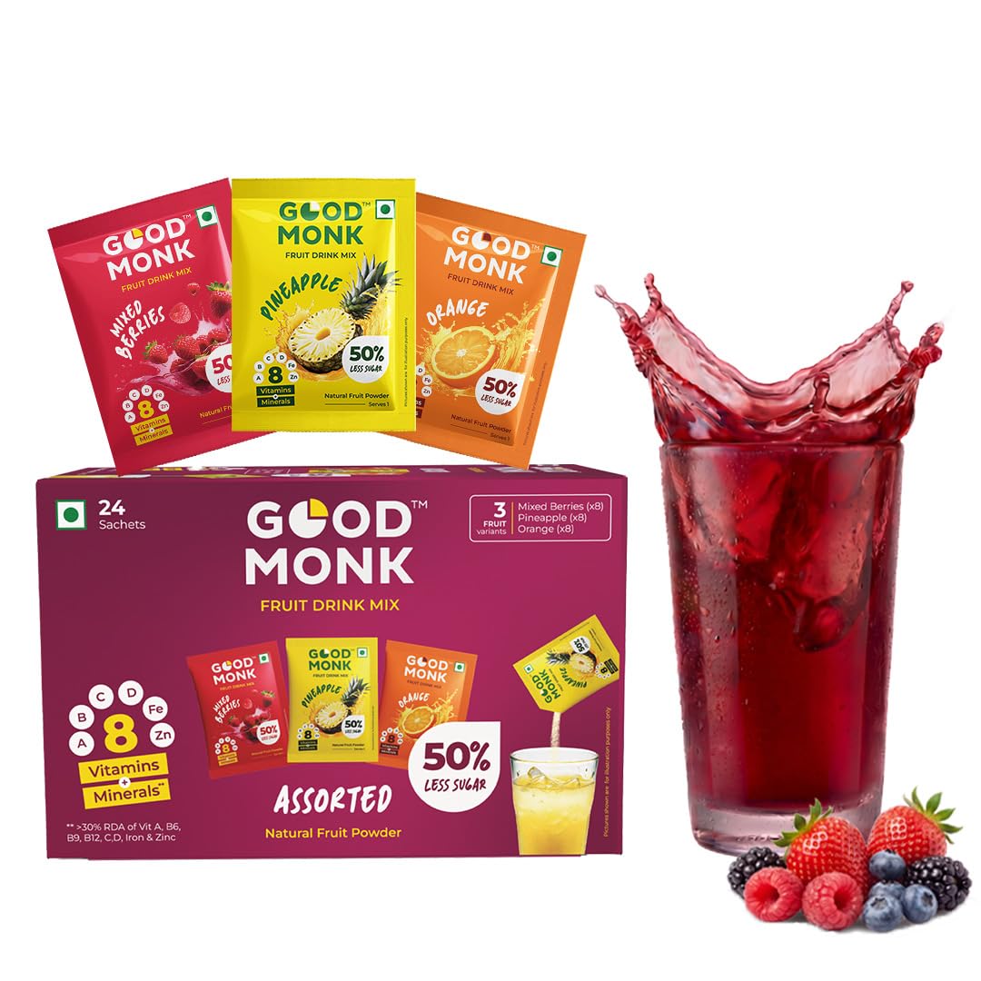Good Monk Fruit Drink Mix (Assorted - Natural Orange, Mixed Berries, Pineapple Powder), 50% Less Sugar with 8 Vitamins & Minerals. Tasty & Healthy Mix for Hydration, Energy, Immunity. 8x3 = 24 sachets-image-31