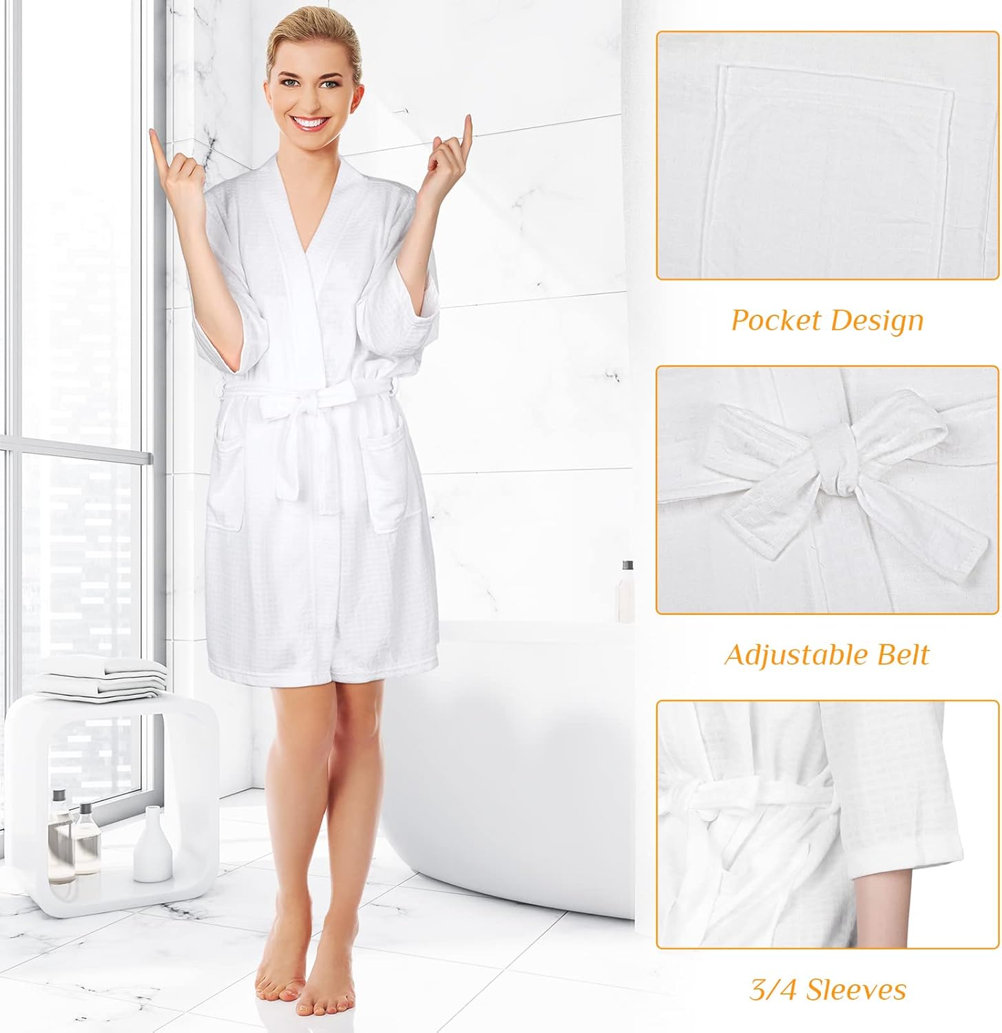 Newcotte White Short Waffle Robes for Women Lightweight Kimono Spa Robes Soft Bridesmaids Bathrobes for Bachelorette Party