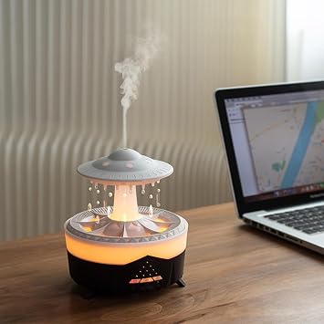 UFO Rain Cloud Humidifier Water Drip, 7 Colors Night Rain Diffuser with Remote Control Timing, Mushroom Diffuser Lamp, Rain Sounds for Sleeping, Desk Fountain,B