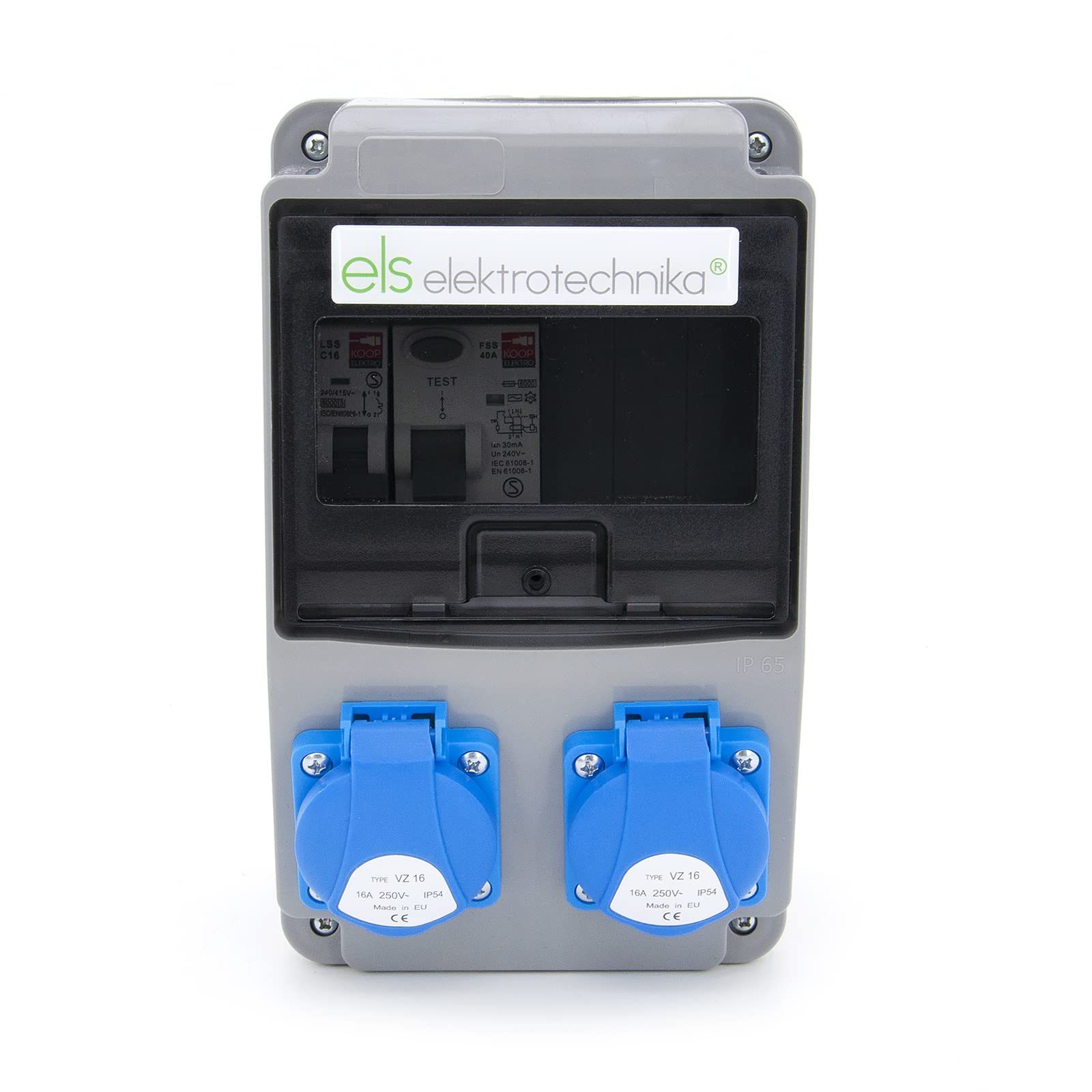 ELS Elektrotechnika Wandverteiler mit FI Schalter 40/2/0.03A 2x Schuko Steckdose 230V 1x Leistungsschalter C16A 1P Baustromverteiler für Indoor/Outdoor-Bereich, Werkstätten und Fabriken IP54