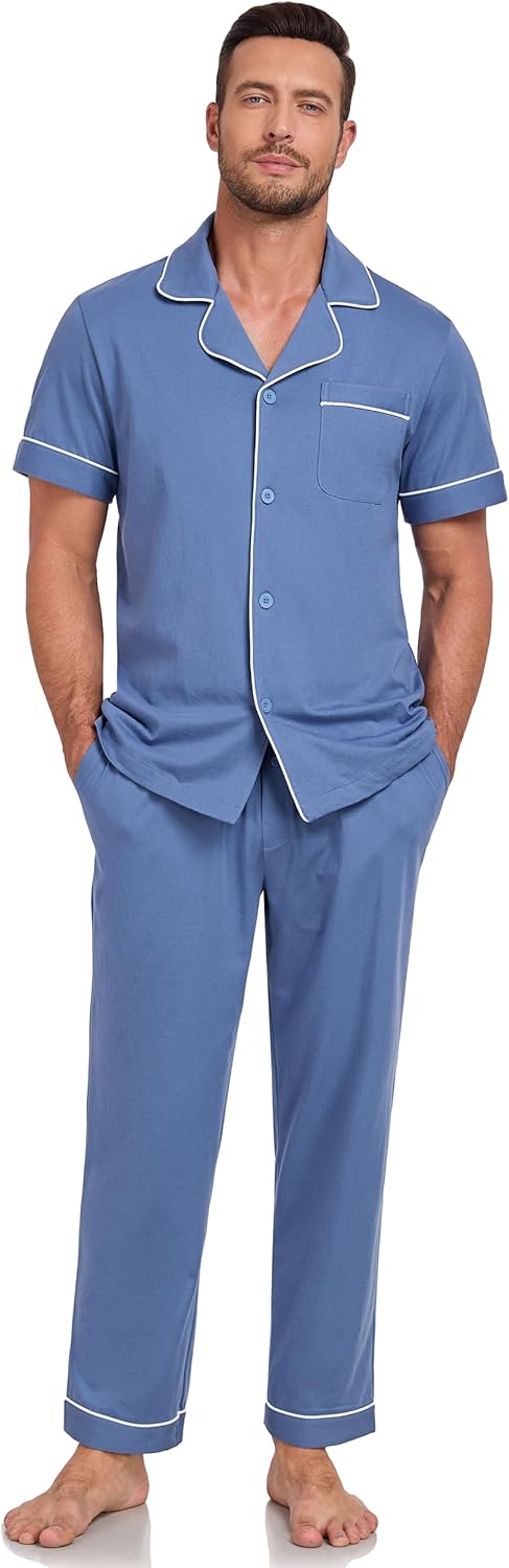 EA'S SECRET Mens Pajamas Set 100% Cotton Soft Button Pajamas for Men Short Sleeve Sleepwear 2 Piece Lounge Pjs Sets - Image 8