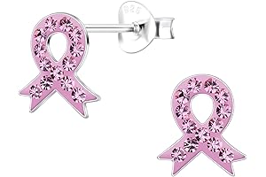 925 Sterling Silver Pink Crystals Breast Cancer Ribbon Stud Earrings