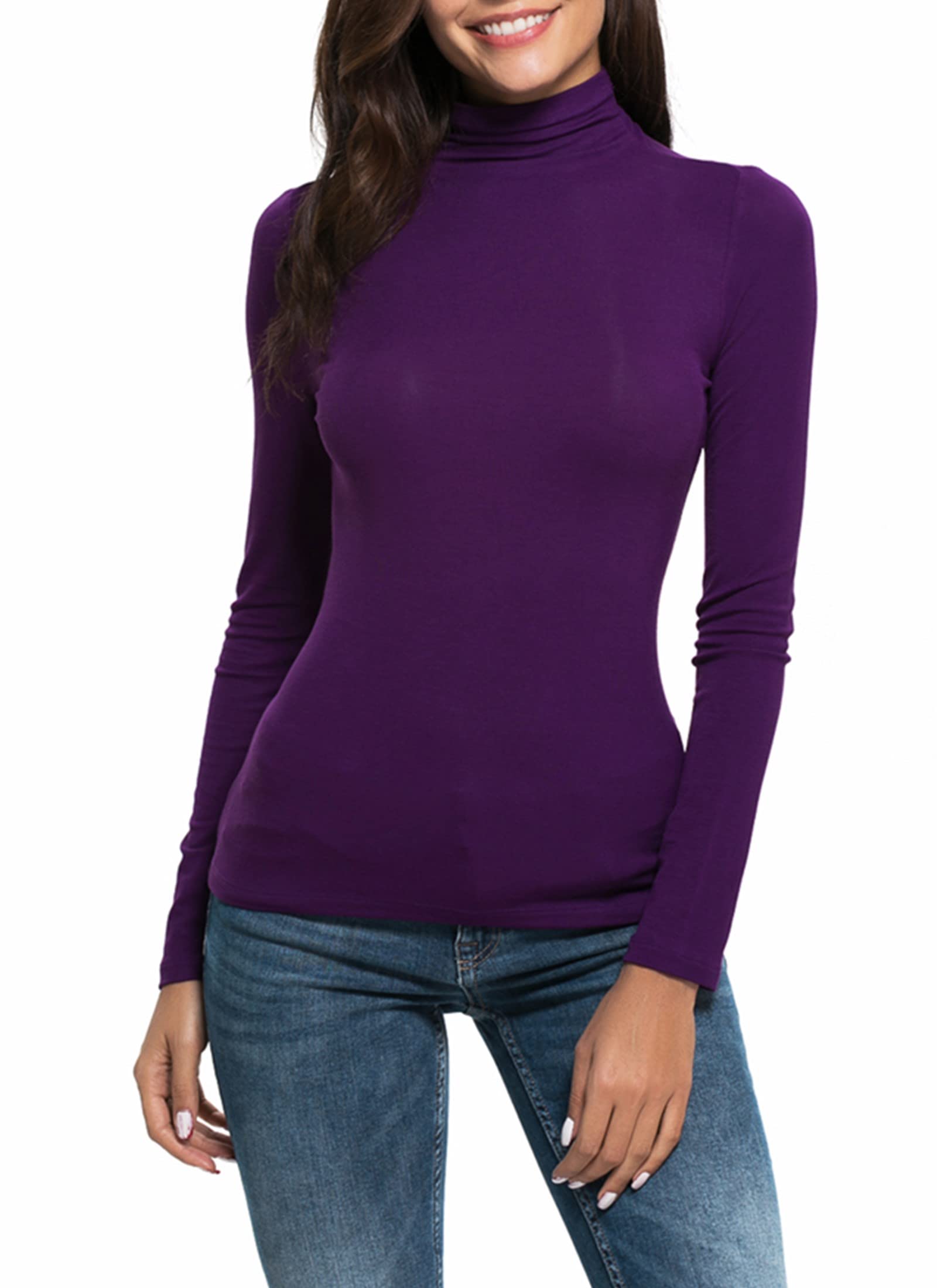 Women Basic Slim Long Sleeve Soft Turtleneck T Shirt Blouse Tops, Large, Purple