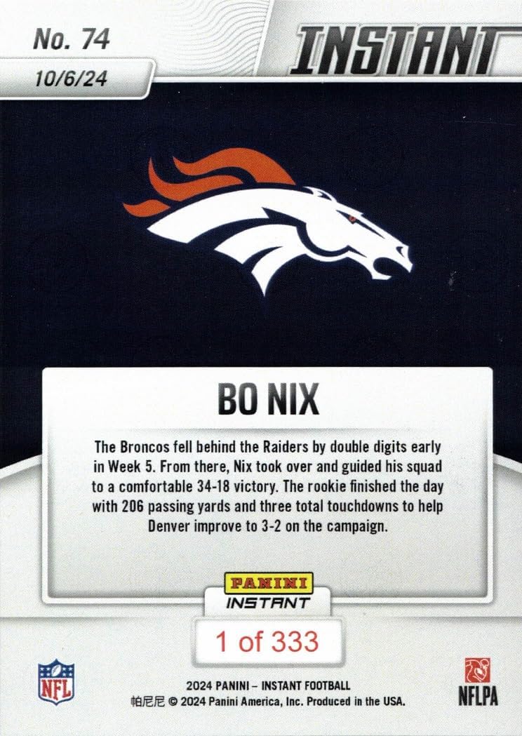 2024 Panini Instant Football #74 Bo Nix Rookie Card Broncos - Only 333 made!