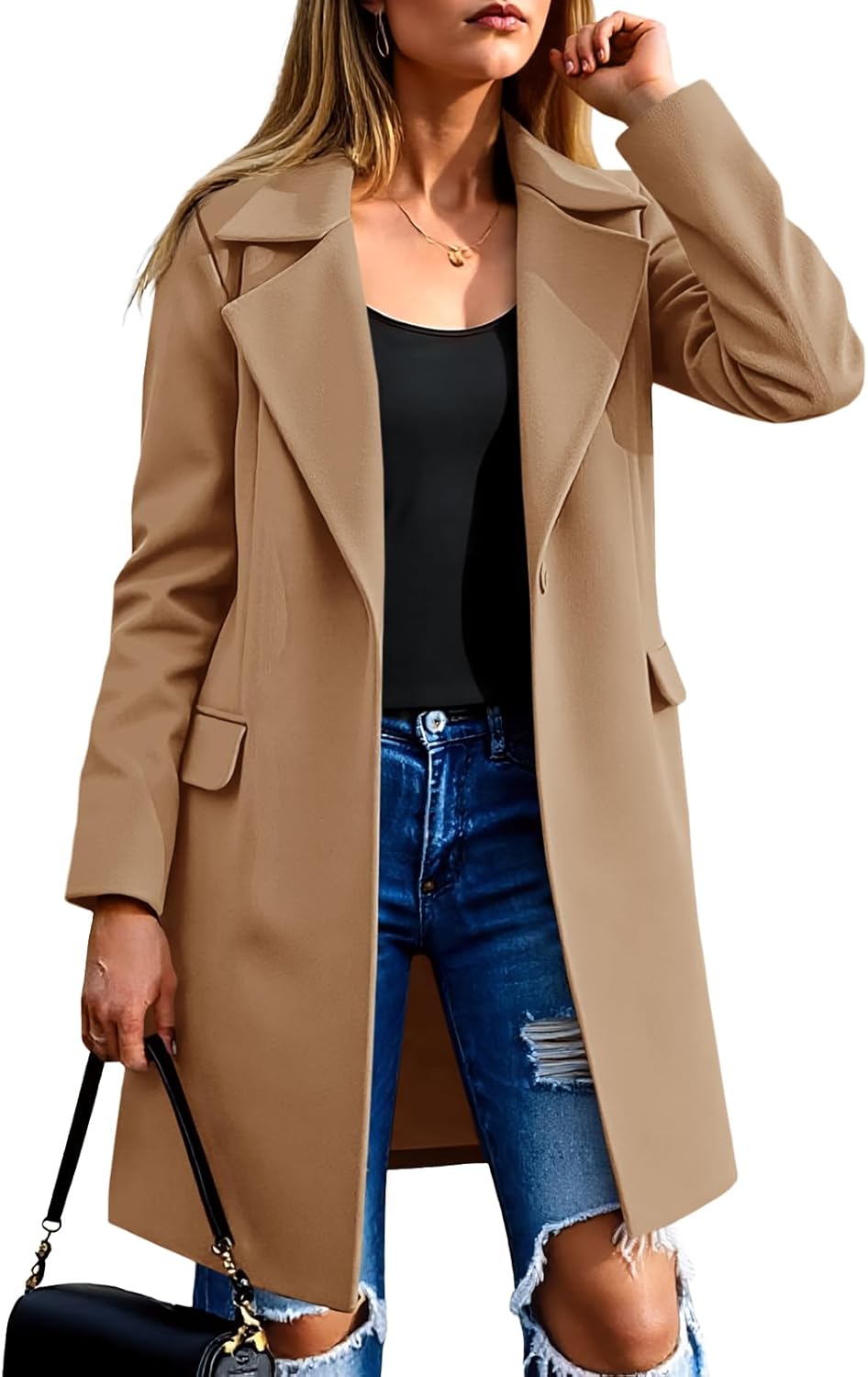 Fazortev women's Pea Coat Notch Lapel Single Breasted Wool Blend Mid Long Jacket Trench Overcoat