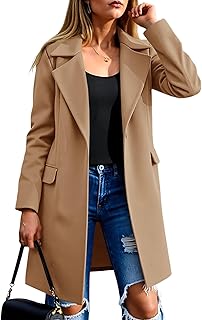 Fazortev women's Pea Coat Notch Lapel Single Breasted Wool Blend Mid Long Jacket Trench Overcoat