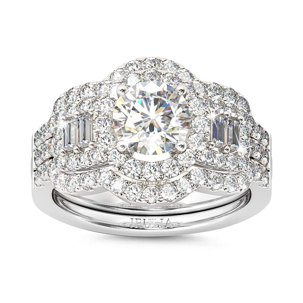 Jeulia 2 Carat Engagement Halo Rings for Women Sterling Silver Round Cut Bridal Set Cubic Zirconia Wedding Diamond Band Rings Promise Anniversary Rings for Her