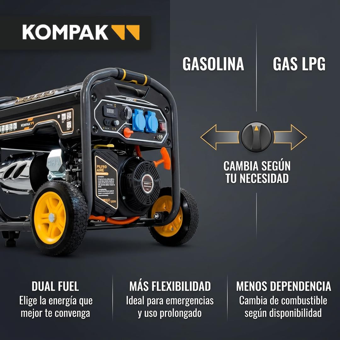 Kompak Generador Dual Fuel Monofásico 3,3 kW Gasolina y Gas LPG - Generador Eléctrico 230V Silencioso con AVR para Emergencias - Generador Portátil Alta Autonomía Uso Profesional