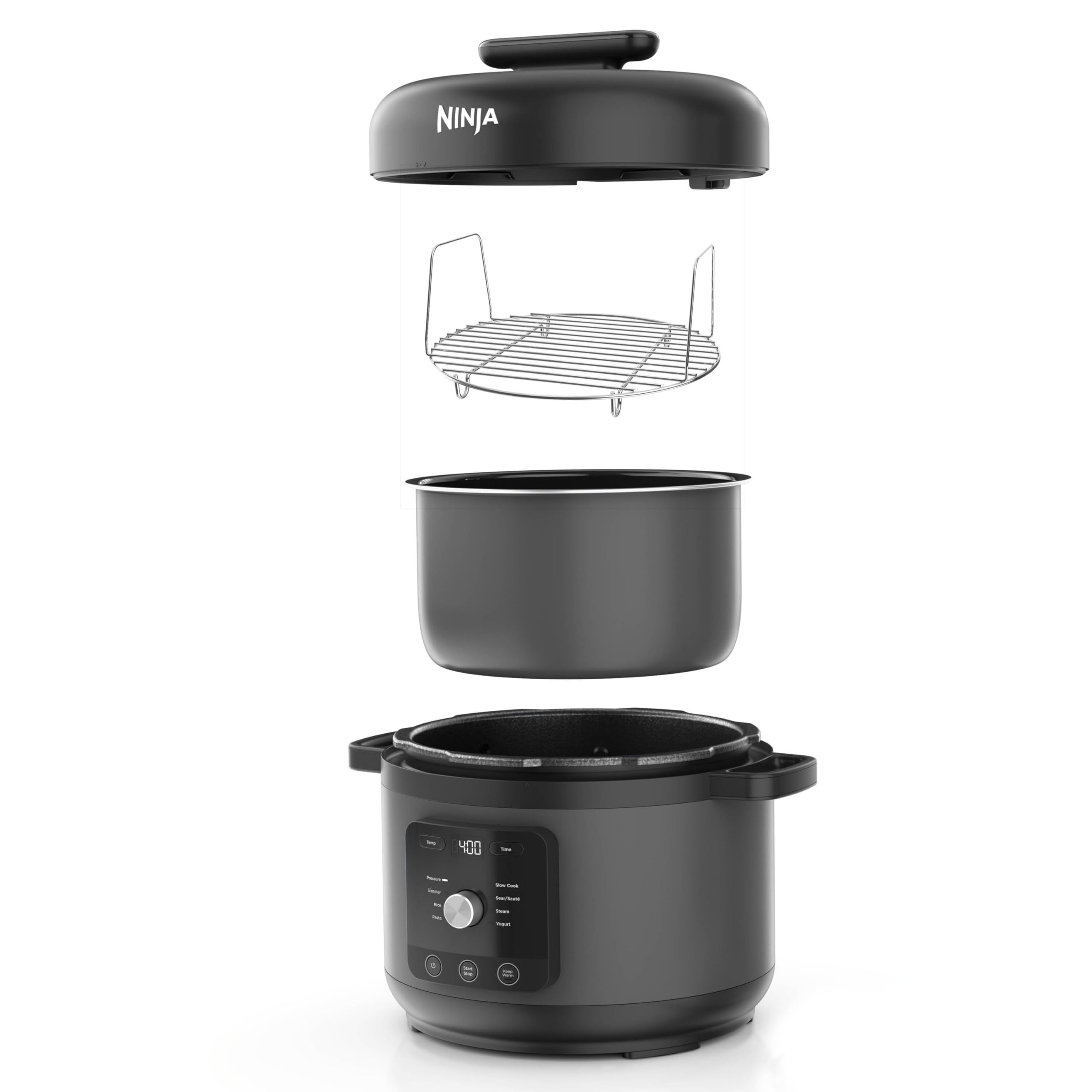 Ninja HyperHeat Autocuiseur Électrique, Mijoteuse, Cuiseur à Riz 9-en-1 de 6 l avec Grille de Cuisson Vapeur et Cuve de Cuisson Amovible Lavable au Lave-Vaisselle, Pour le yaourt, le Riz, Noir PC201EU