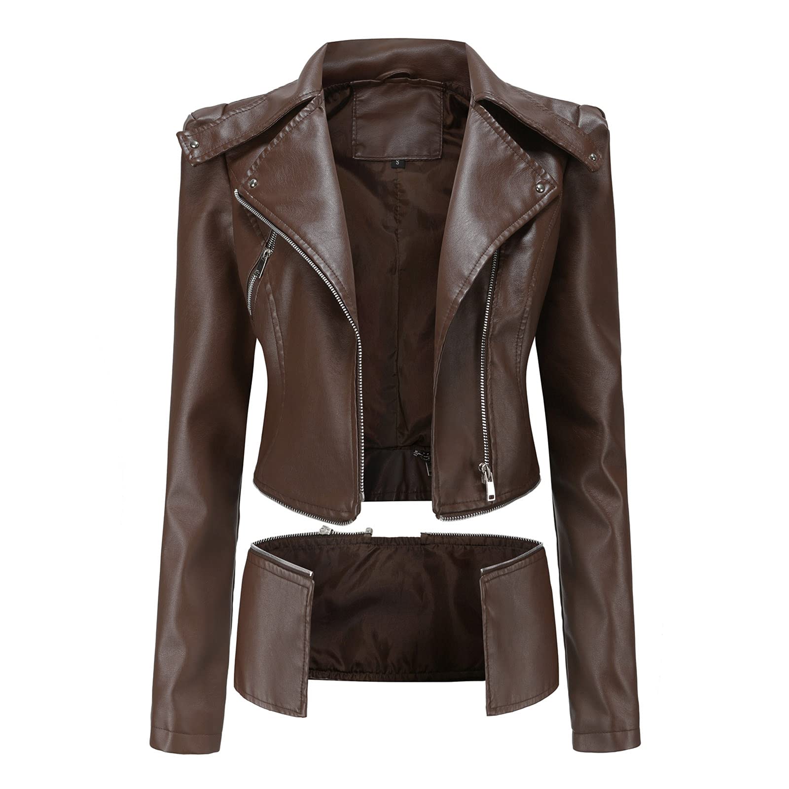 Womens Casual Autumn Jacket Women Faux Leather Jacket Lapel Color Zipper  Coat Biker Long Sleeve Fitted Outerwear Outwear For Women