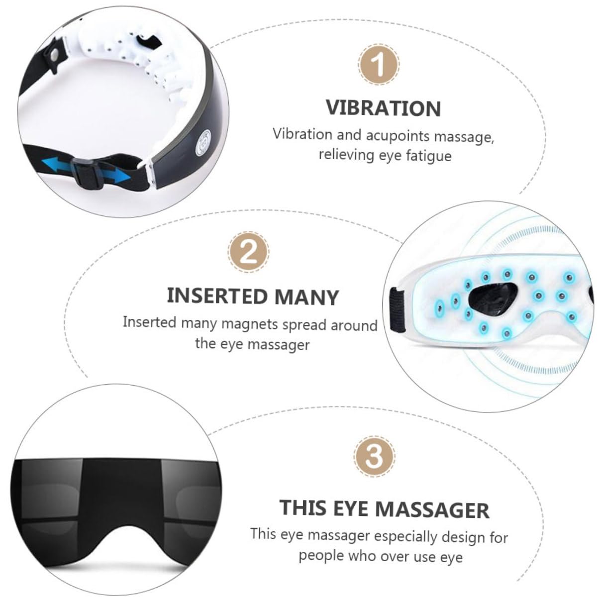 KOMBIUDA Masajeador Eléctrico de Ojos Banda Elástica Ajustable y Masaje Vibratorio para Aliviar la Fatiga Ocular Estrés Batería Recargable de 200mah