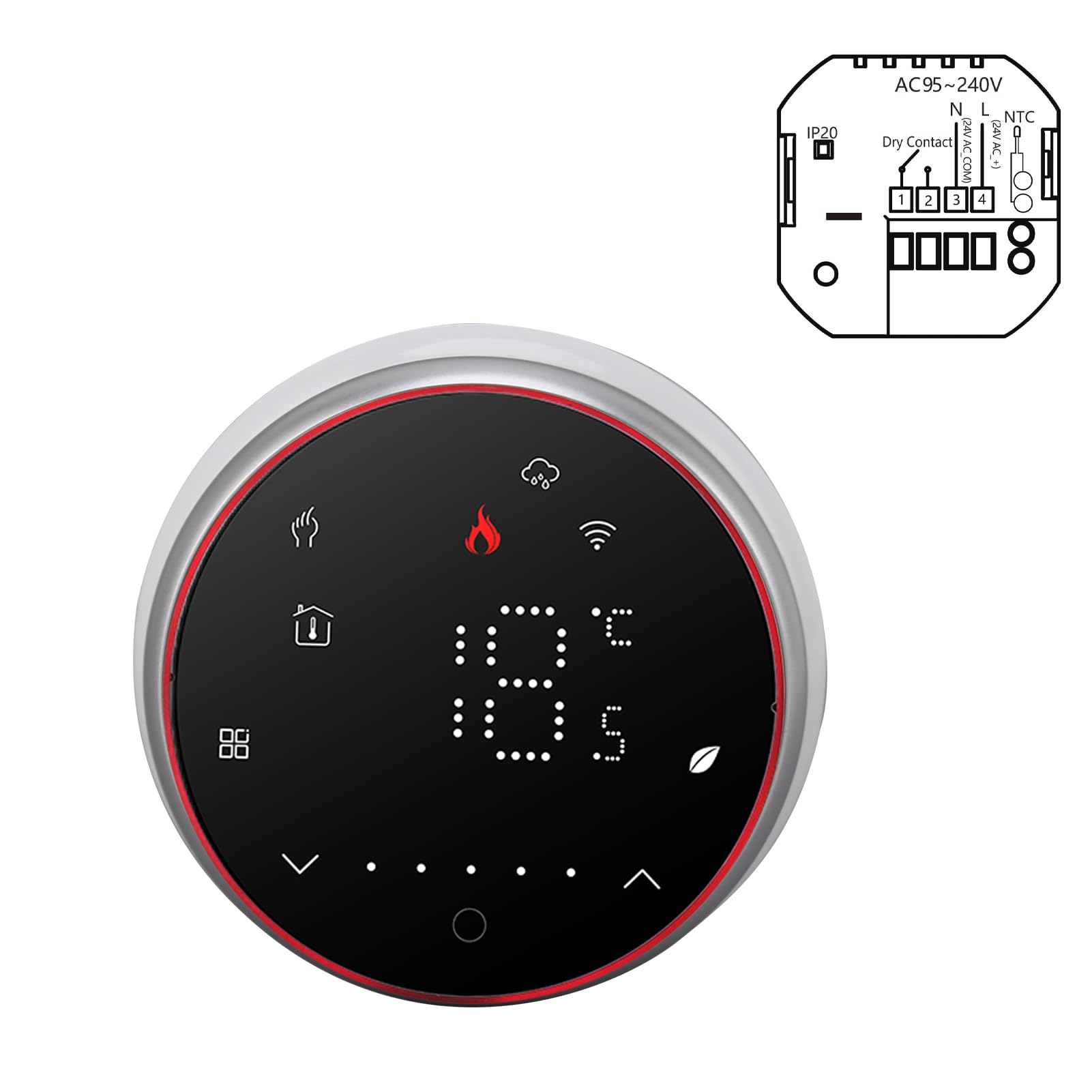 Bezprzewodowy inteligentny termostat WiFi wyświetlacz LED sterowanie aplikacją głosową AC95 240V oszczędzanie energii inteligentny okrągły termostat do ogrzewania kotła (Czarny)