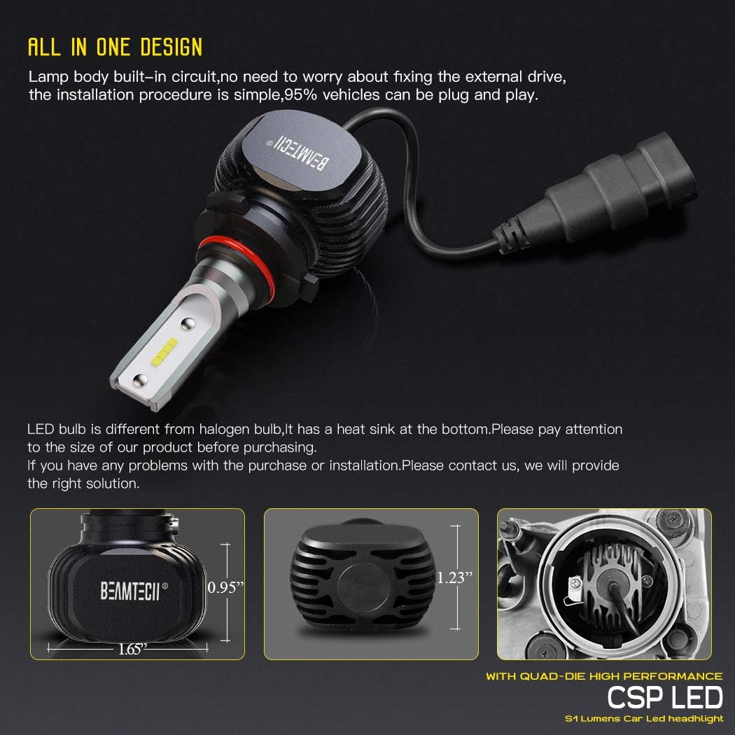 BEAMTECH 9005 LED Bulb, Conversion Kit Fanless Quieter CSP Chip Xenon White All In One Halogen Replacement Focused Pattern Low Fog Light