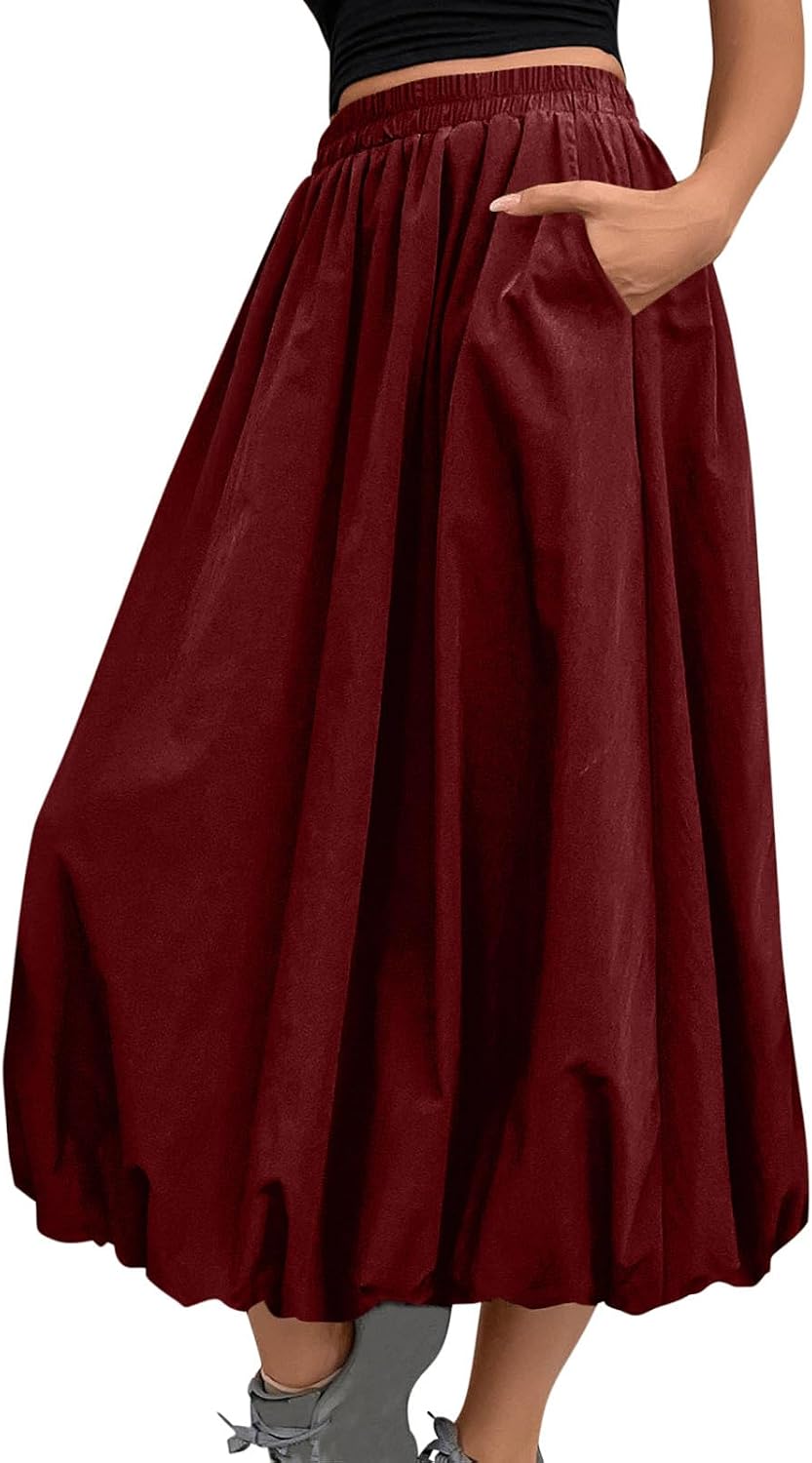 A-Line Loose Flowy Midi Skirt for Women with Pockets Elegant Casual Skirt for Beach, Wedding, and Everyday Wear