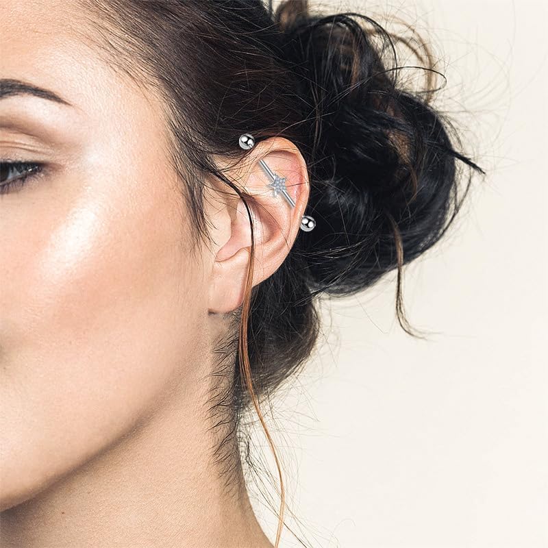 14G CZ Star Industrial Barbell G23 Titanium Industrial Piercing Jewelry 38mm Long Industrial Bar Conch Helix Cartilage Barbell Earrings Dainty Body Piercing Jewelry for Women Men - Image 2