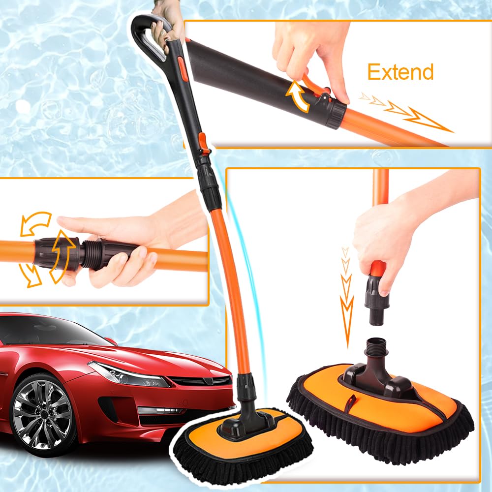 Cepillo de microfibra para lavado de coche, mango extensible, sin arañazos, ajustable a 180°, suministros de limpieza de automóviles, color naranja