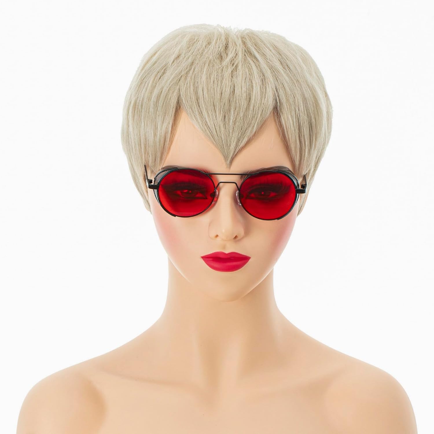 Short Gray Pixie Cut Movie games Wig with Bangs and Red Punk Glasses for Women Natural Daily Use Hair wig for Cosplay Party Costume Halloween tannis Wig grey