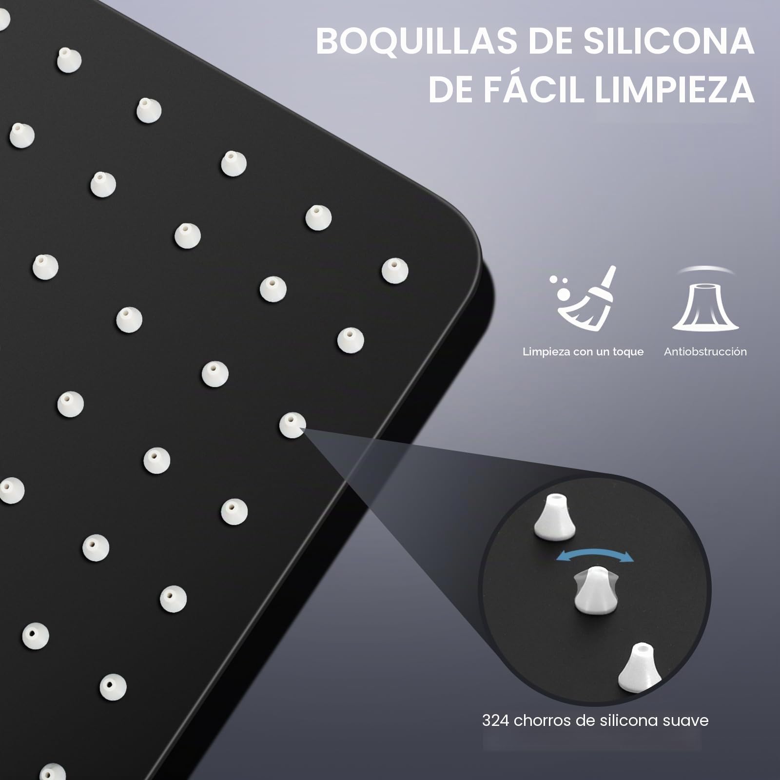 Alcachofa de ducha de lluvia grande de 16 pulgadas, mate, negra, toda metálica, de acero inoxidable 304, con 324 boquillas de silicona - Alcachofa de ducha cuadrada para el baño