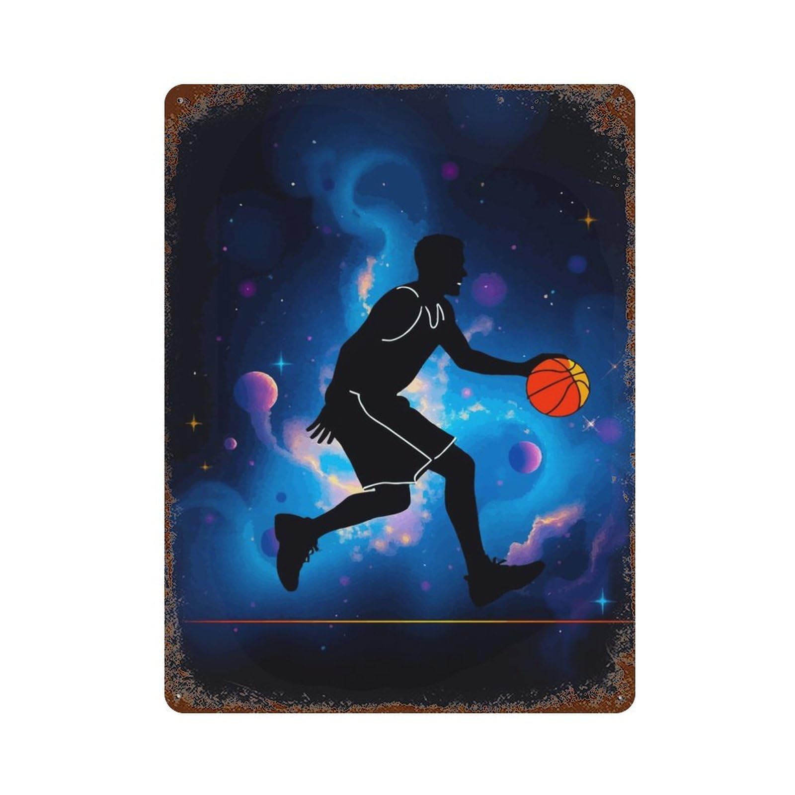 Basketball Player in Space Rust Effect Tin Sign 15.7"x11.8", Ideal for Farmhouse, Kitchen And Entryway Decor