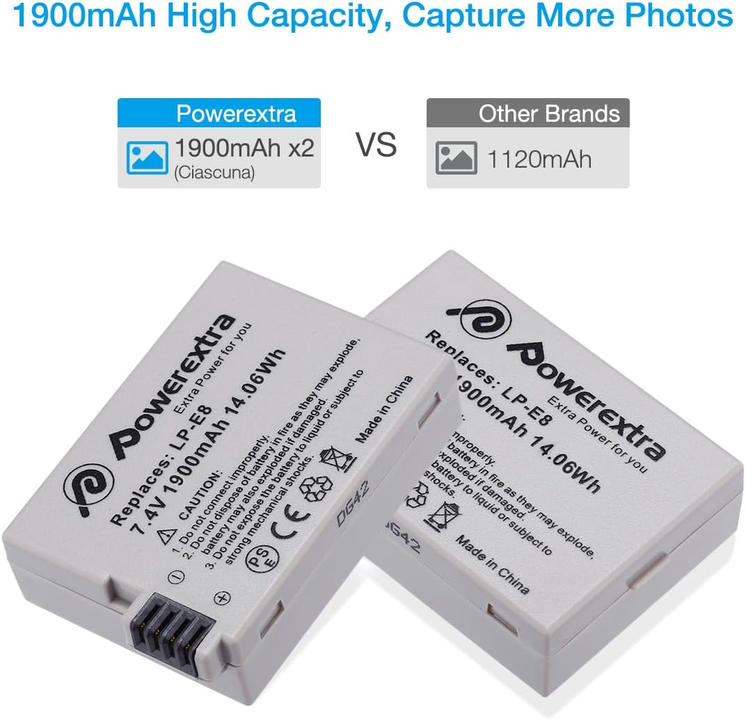 Powerextra LP E8 2 Pack 7.4V 1900mAh Li-ion Compatible with Canon LP-E8 Battery for CA Rebel T3i, T2i, T4i, T5i, 600D, 550D, 650D, 700D, Kiss X5, X4, Kiss X6, LC-E8E