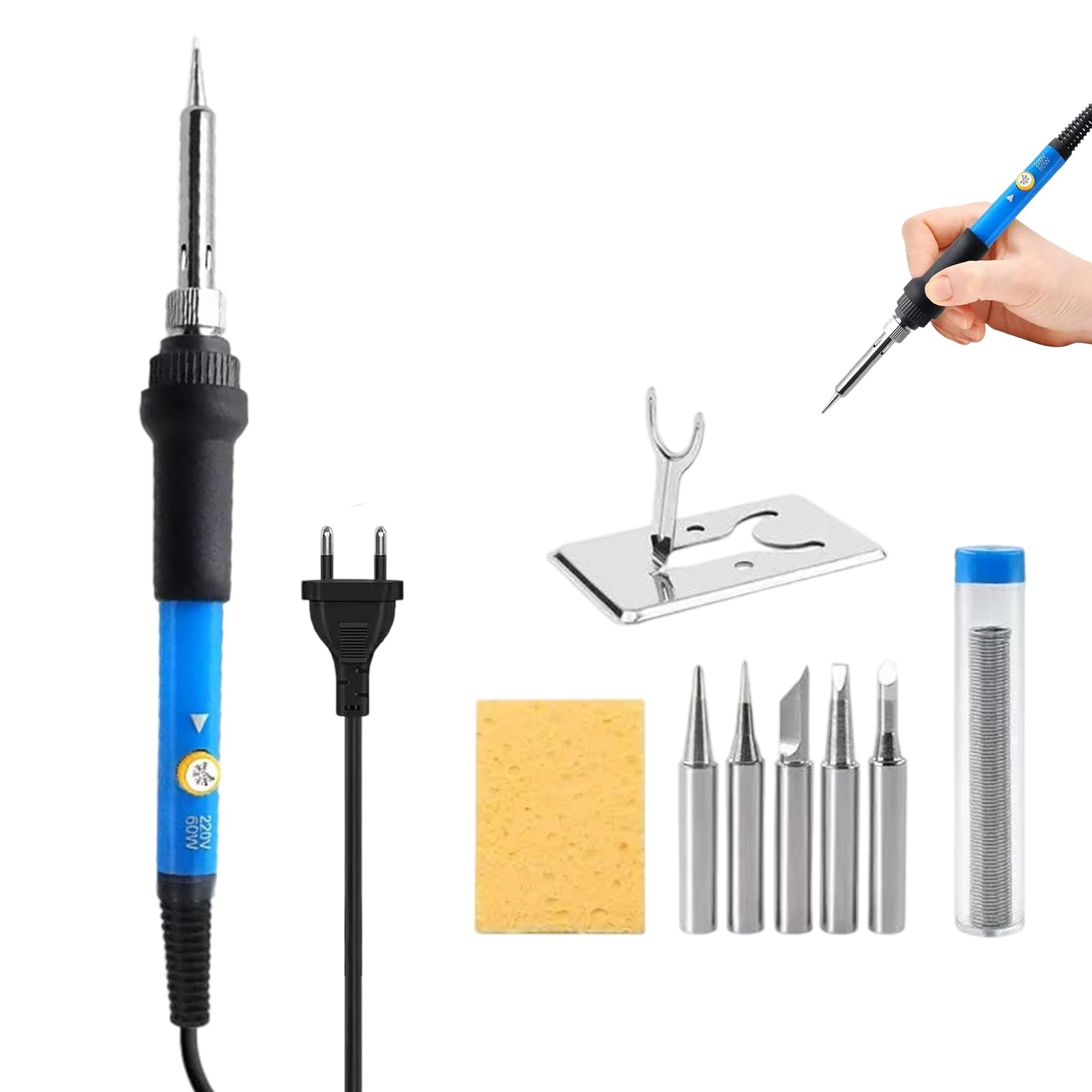 9 Pcs Soldadores de Estaño con 5 Puntas, Soldador Estaño 60W Kit del Soldador de Estaño Temperatura Ajustable 200-450°C con Interruptor ON/OFF Alambre de Soldadura para El Uso Diversamente Reparad