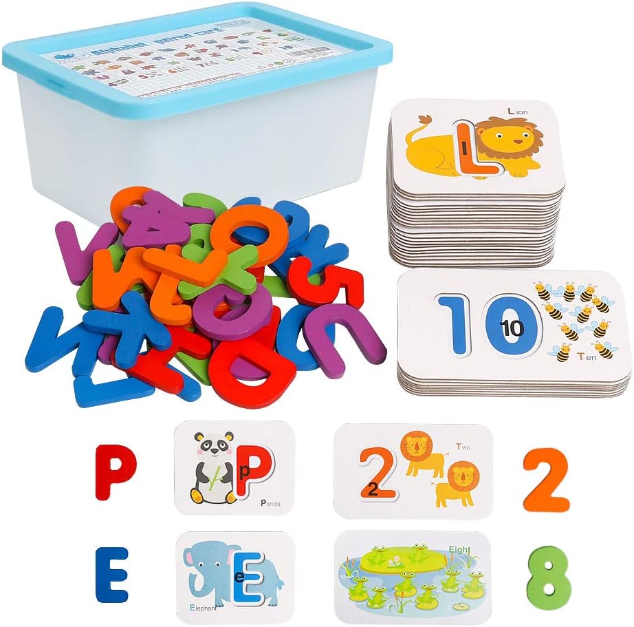 USATDD Alphabet Numbers Toddler Flash Cards ABC Wooden Letters Jigsaw Numbers Alphabets Puzzles Flashcards for Age 2 3 4 Years Old - Preschool Learning Educational Montessori Toys Gift for Kids Baby