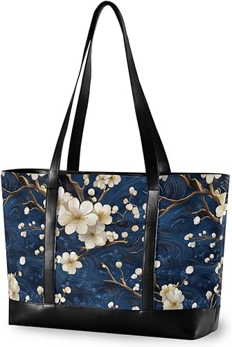 Azul y blanco Vintage Flowers gran capacidad portátil bolsas para mujeres con cremallera bolsa de trabajo con computadora portátil para vuelo con
