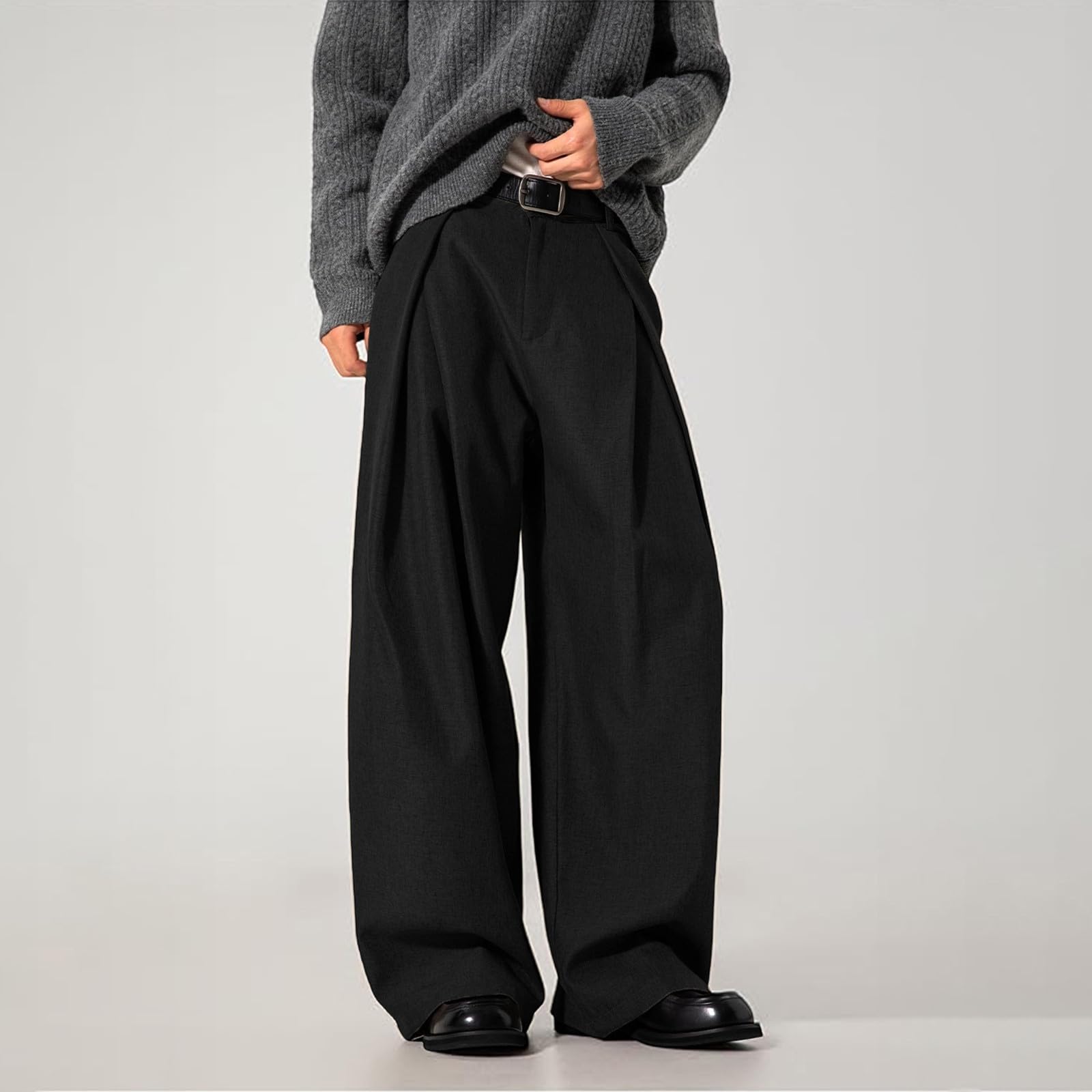 Générique Pantalon de Robe Homme Baggy Élégant Pantalon de Costume Élasticité Coupe Ample Jambe Large avec Plis et Poches à Utiliser pour Bureau Travail Serveur Commis