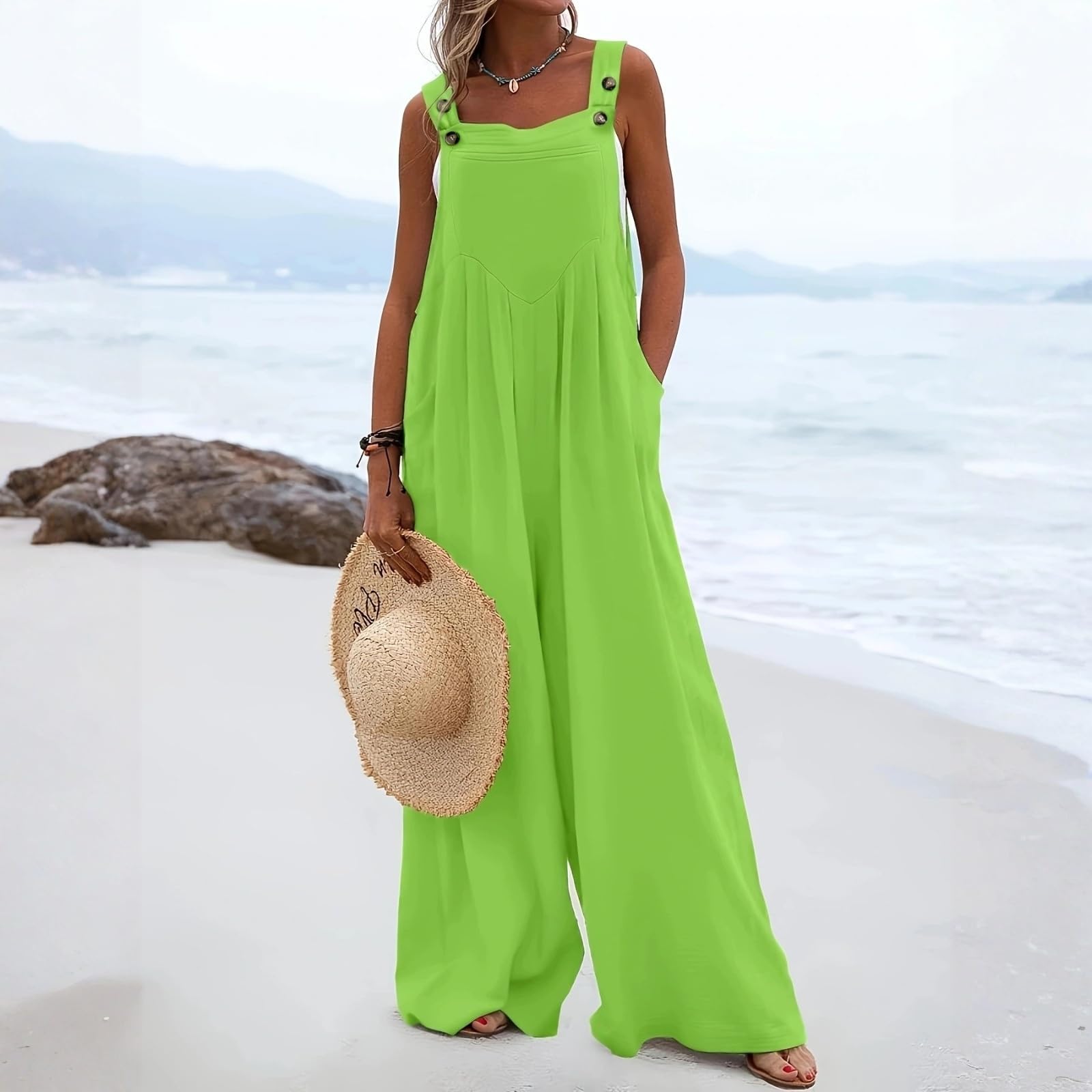 Generisch Latzhose Damen Sommer Baumwolle Jumpsuit Damen Elegant Weites Bein Overall Lang Mit Taschen Jumpsuits Ärmellos Overalls Mit Knöpfe Latzhosen Frauen Strand Playsuit Kuschelig Romper Casual