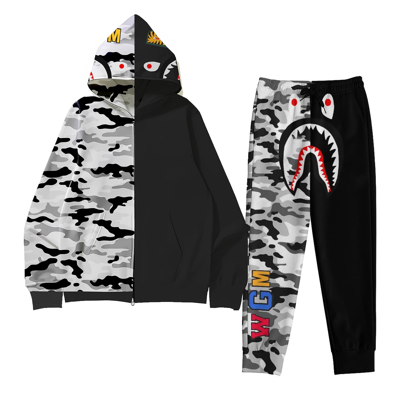 PCUJEZP Shark Camo Hoodie Pants Suits Print Mens Women Casual Zipper Up Hoodies Sweatershirt