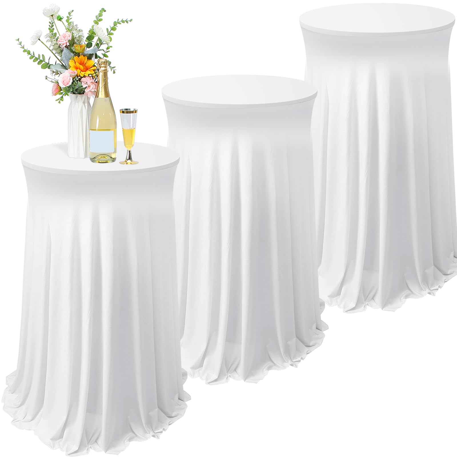Tegeme 3 Packs 32 x 43 Inch Round Spandex Cocktail Tablecloths with Skirt Cocktail Round Table Cover Spandex Stretch Tablecloth for Fitted High Top