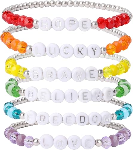 Rainbow Beaded Bracelets for Women Colorful Glass Beads Inspirational Letter Sta