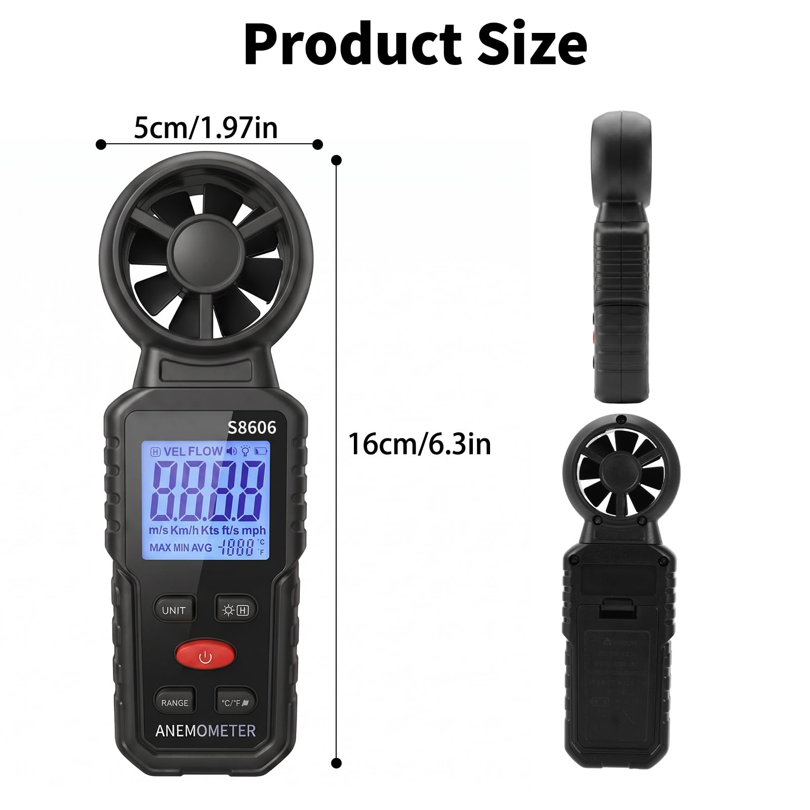 Anemómetro Digital Portátil 3 en 1 con Pantalla LCD Retroiluminada, Medidor de Velocidad del Viento, Temperatura y Flujo de Aire, Funciones MAX/MIN/AVG, para Navegación, Drones, Surf y Pesca