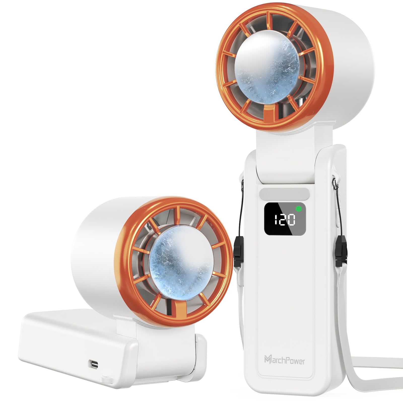 Marchpower Handheld Fan Mini 120 Speed Stepless Adjustable Powerful with Ice Cooling 3600mAh Rechargeable Battery Digital Display Foldable & Lanyard - White