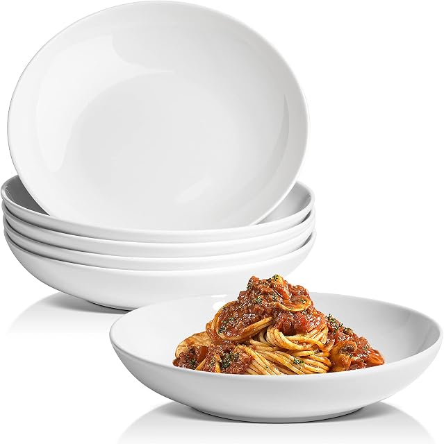 ComSaf Pasta Bowl, Porcelain Salad Pasta Bowl, Large Serving Bowl, White Soup Bowl Set, Wide and Shallow Bowls for Kitchen Housewarming Gift, Microwave Dishwasher Safe, Durable Set of 6