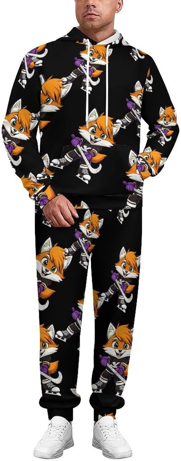 Foxs Ice Skating Holding Hockey Stick Womens 2 Piece Outfits for Mens Lounge Hoodies Set Sweatsuit Tracksuits
