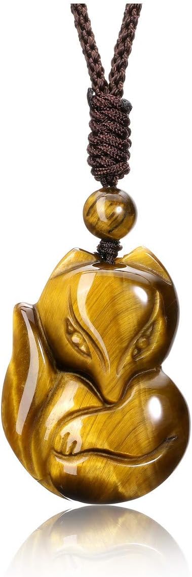 Natural Tiger Eye Crystals Fox Pendant Necklace Healing Gemstone Lucky Protection Fox Amulet Necklaces Spiritual Jewelry