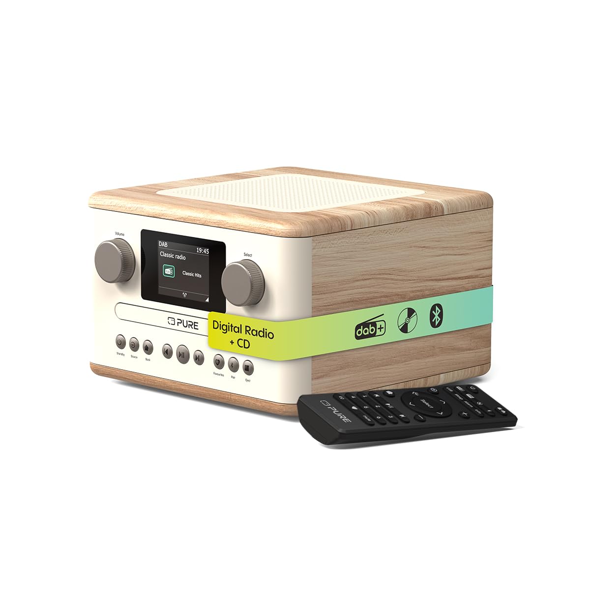 Pure Classic C-D4 – DAB+ & UKW Radio mit CD-Player, Netzbetrieb, Bluetooth 5.3, USB & AUX, Farbdisplay, 15 Watt Lautsprecher, Dual-Wecker, Fernbedienung – Cotton White/Oak