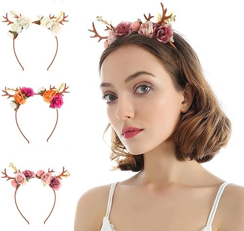 Wiwpar Diadema con cuernos para el cabello, aro de corona de flores, diadema floral, diadema para festivales de Navidad, lindos ciervos, accesorios Wiwpar Diadema con cuernos para el cabello, aro de corona de flores, diadema floral, diadema para festivales de Navidad, lindos ciervos, accesorios
