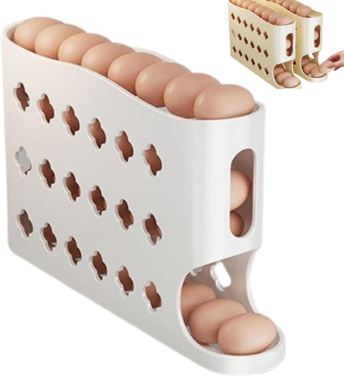 4 Tier Auto Rolling Egg Holder for Refrigerator – Gravity-Fed Roll Down Dispenser Holds 30 Eggs, Stackable & Space-Saving Clear Plastic Egg Storage Organizer Box for Kitchen Counter or Pantry