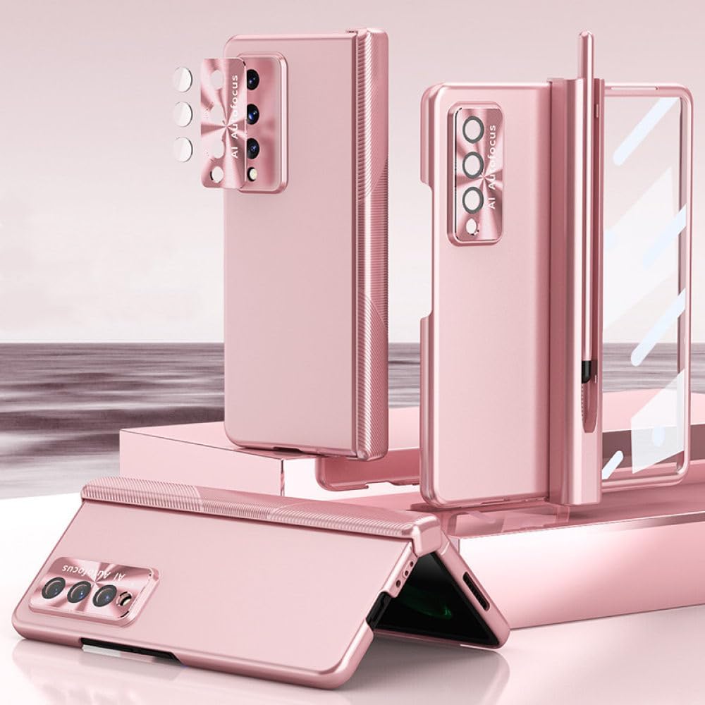 Stylus Bring Pen Double Hinge 360All-inclusive Case for Samsung Galaxy Z Fold 5 Fold4 3 Electroplated Folding Shell with Front Flim,Champagne Gold,for Galaxy Z Fold 3