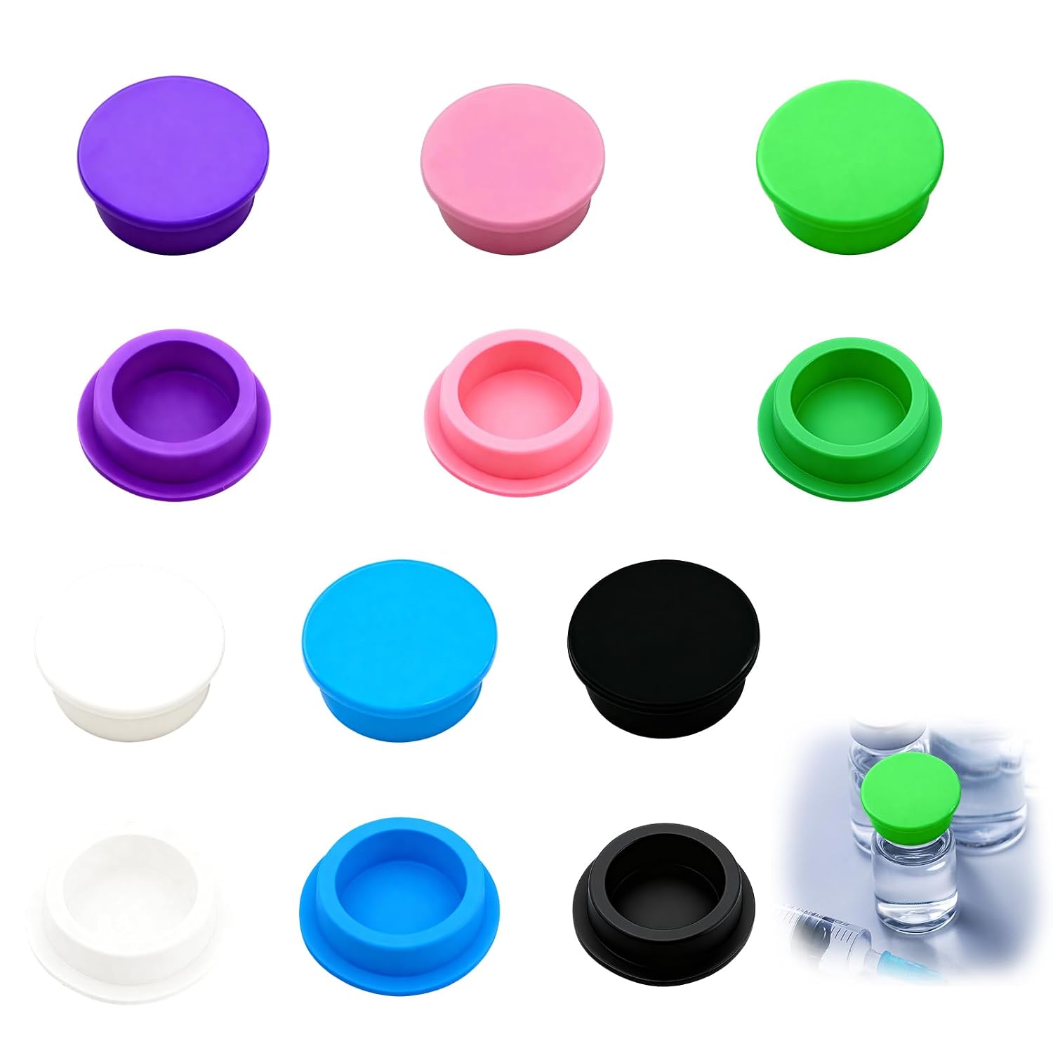 12 Pack 6-Color 3ml Glass Vial Caps and Stoppers for Peptide Storage, 20mm Medical-Grade Silicone Lab Sample Vial Seals, Leak-Proof & Airtight Reusable Stoppers