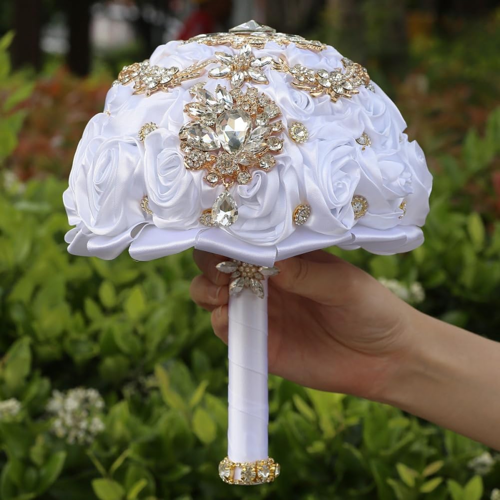 7.5in White Handmade Wedding Bouquet with Luxury Gold Rhinestone Brooch Satin Rose Flower Bridal Bouquet for Bride Bridesmaid Quinceanera Wedding Bouquet White