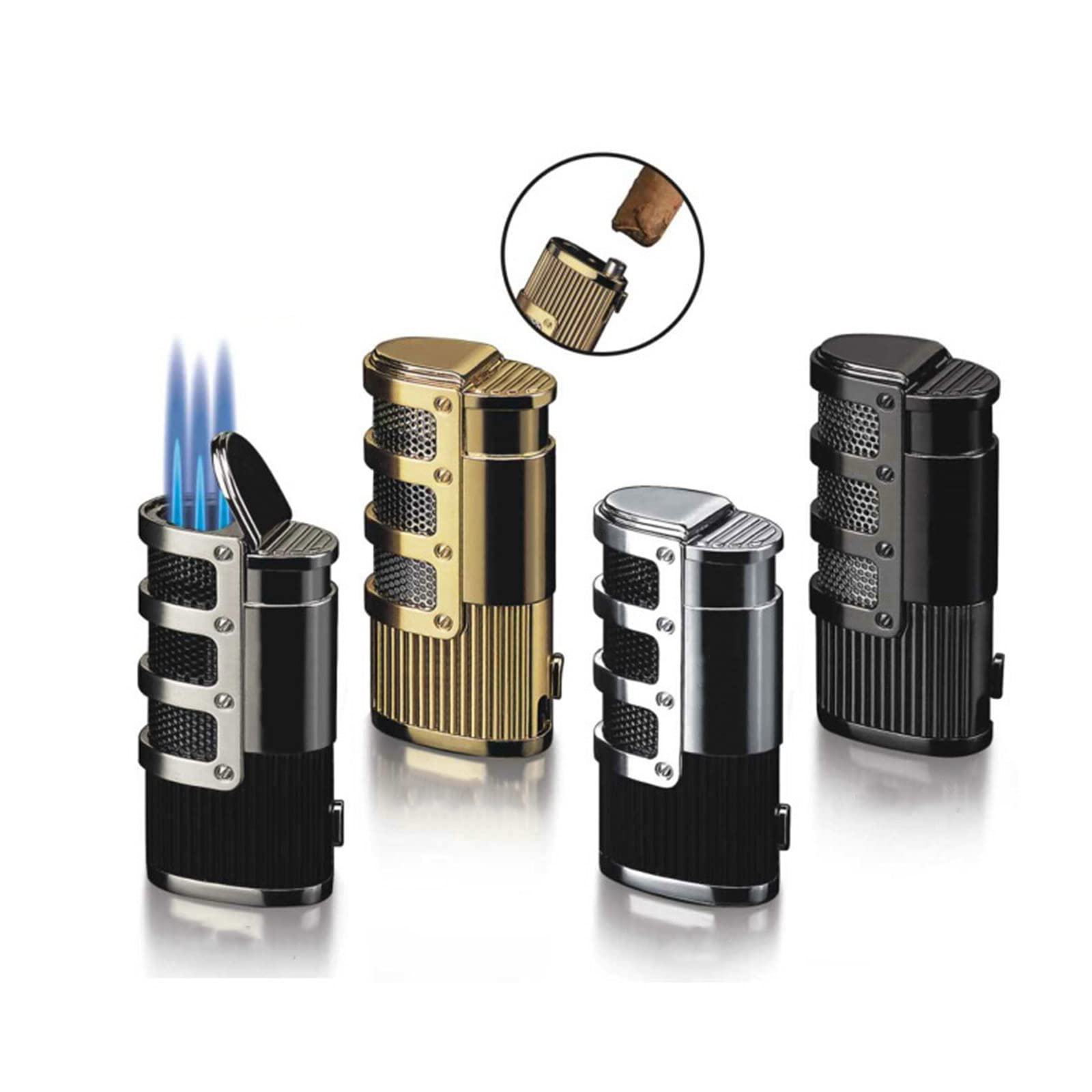 Briquet Torche Rechargeable Triple Jet Bleu Flamme Briquet Butane Réglable Coupe-Vent Allume-Cigare Accessoires Fumeurs Gadgets pour Hommes
