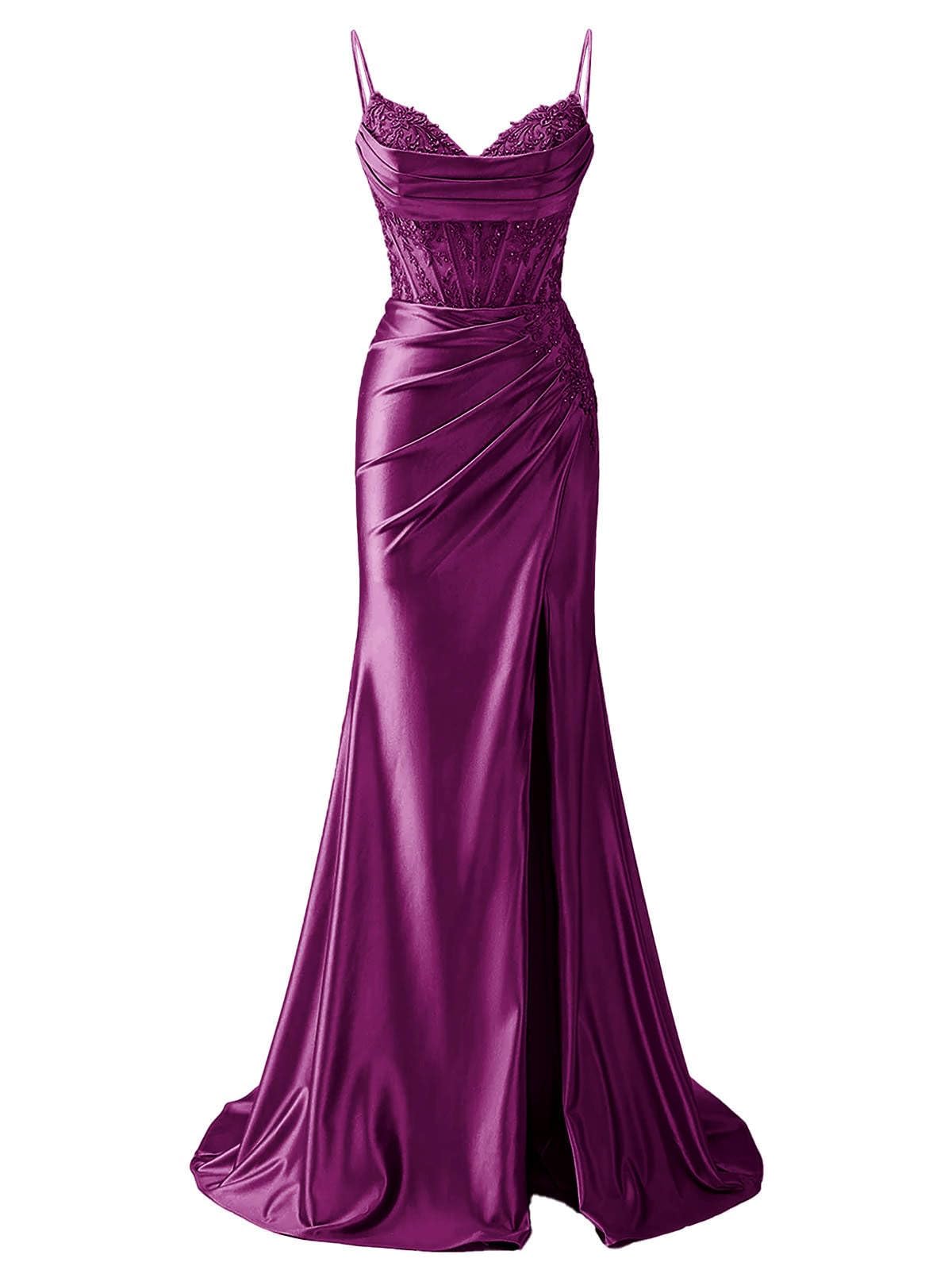 Hppee Women's Plum Prom Dresses For With Slit Lace Applique Satin Formal Party Gown V Neck Corset Evening Dress Uk12