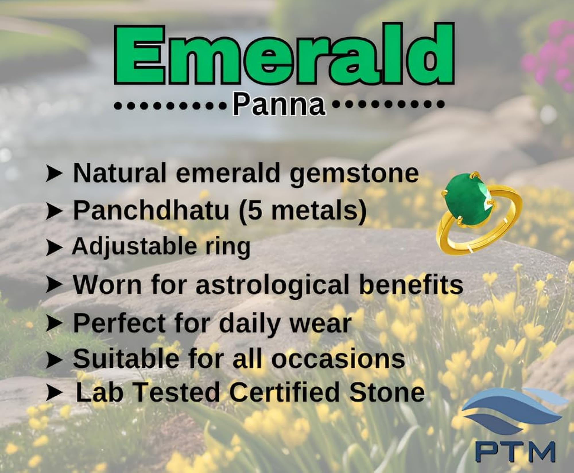 Emerald/Panna Adjustable Ring in Panchdhatu for Women
